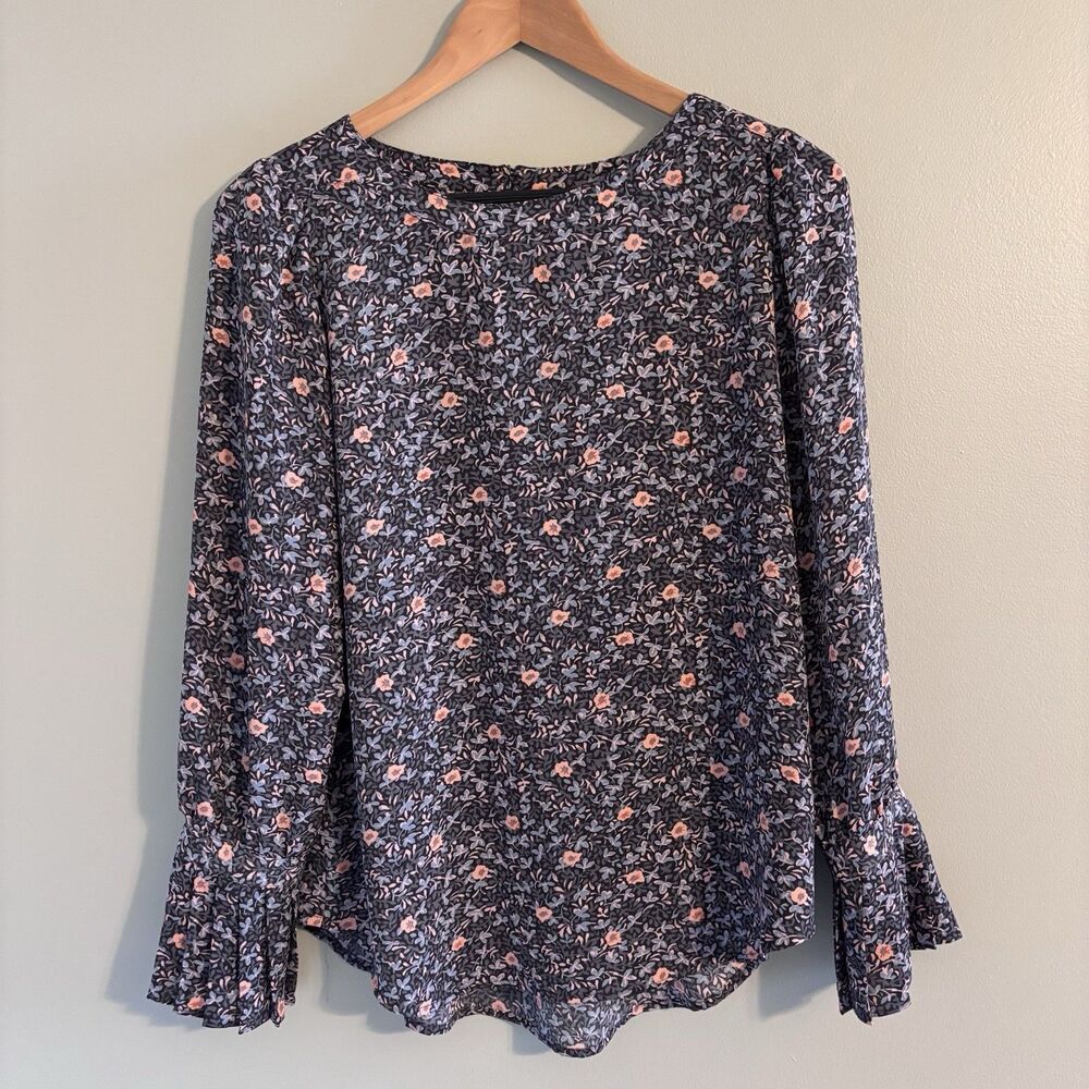 Loft Women's Sz S Blouse Colorful Floral Peasant Pleated Bell Sleeves Cottage